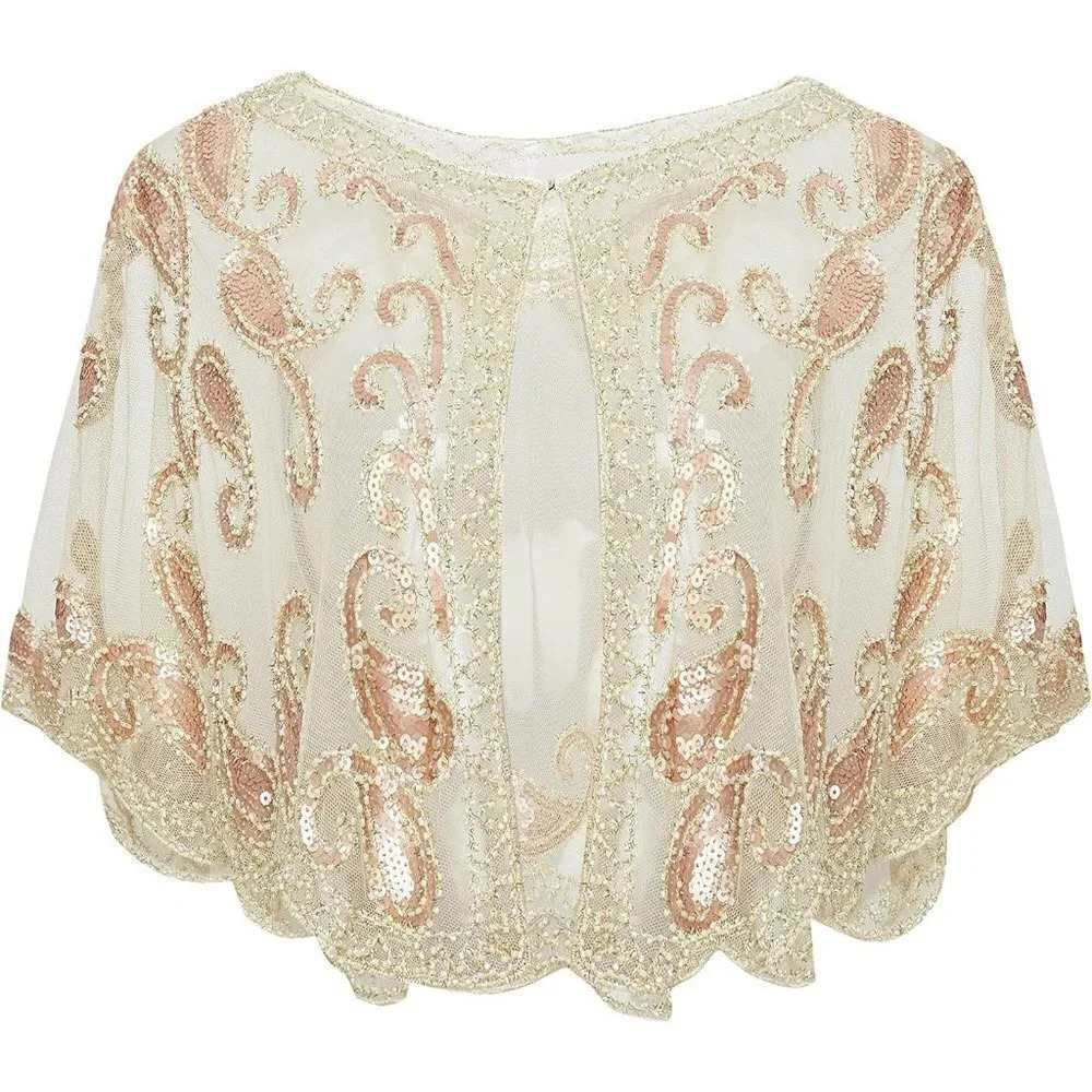 Babeyond 1920s  Shawl Wraps Beaded Evening Cape Bridal Shawl Cover Up (Beige)